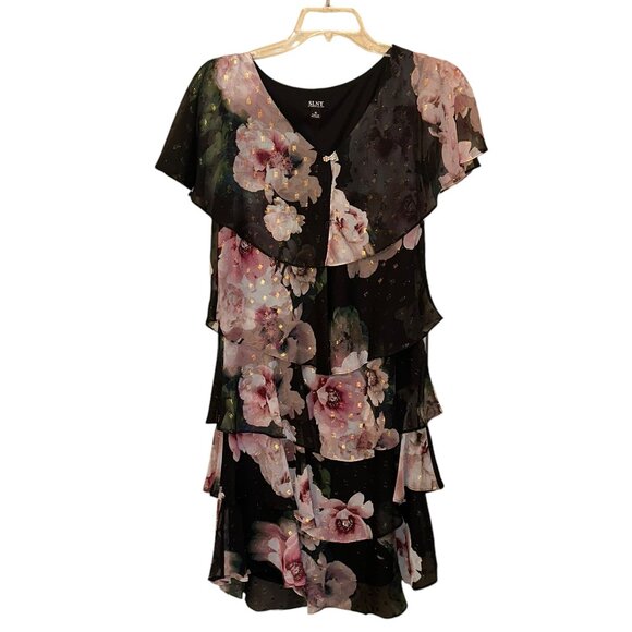 SLNY Floral Print Tiered Shift Midi Dress 10 Dressy Formal‎ Party Pullover - Picture 1 of 10
